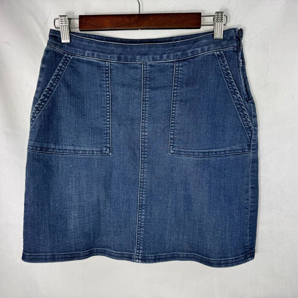 Prana Women Blue Denim Stretch Skirt Sz 2 Side Zip Closure two front pockets